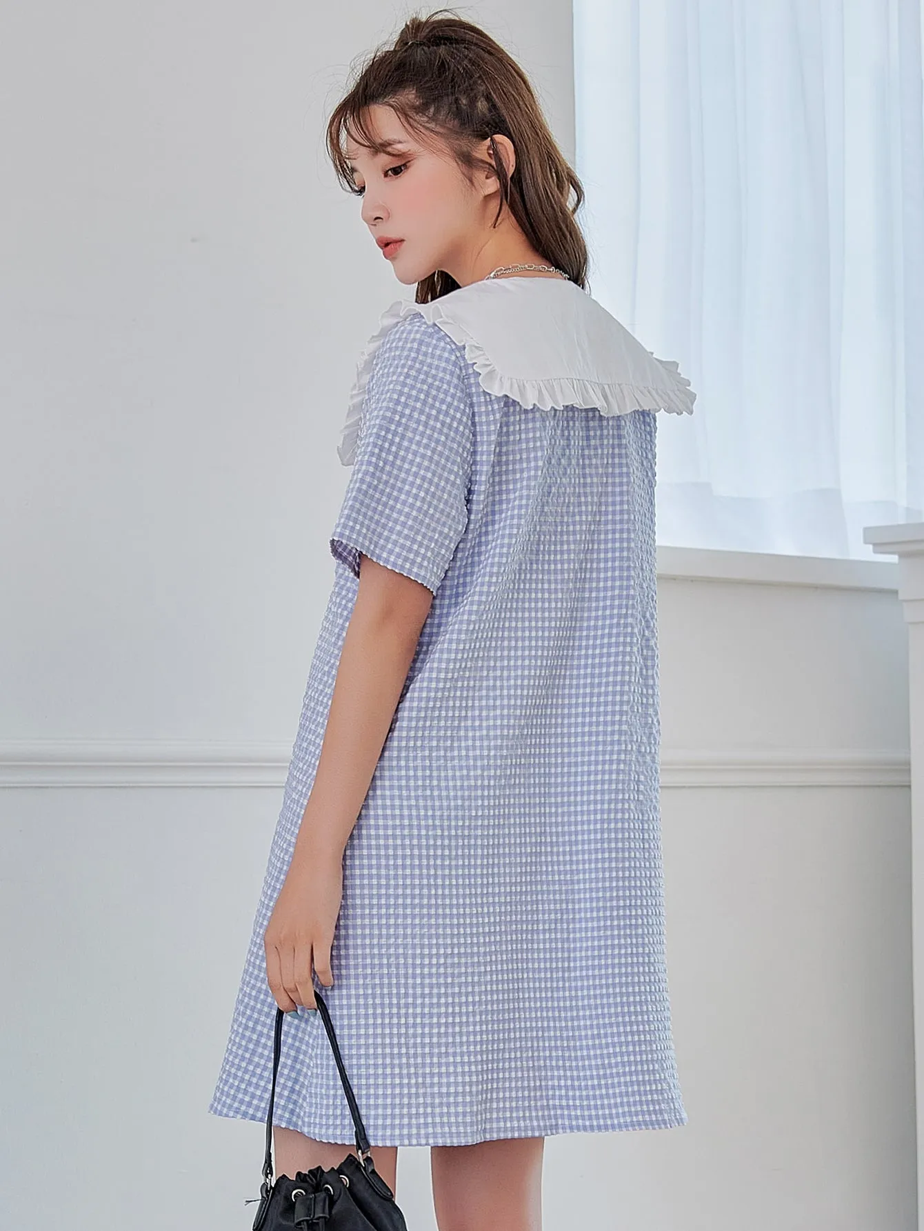 Gingham Button Front Short Sleeve Peter Pan Collar Straight Natural Short Dress