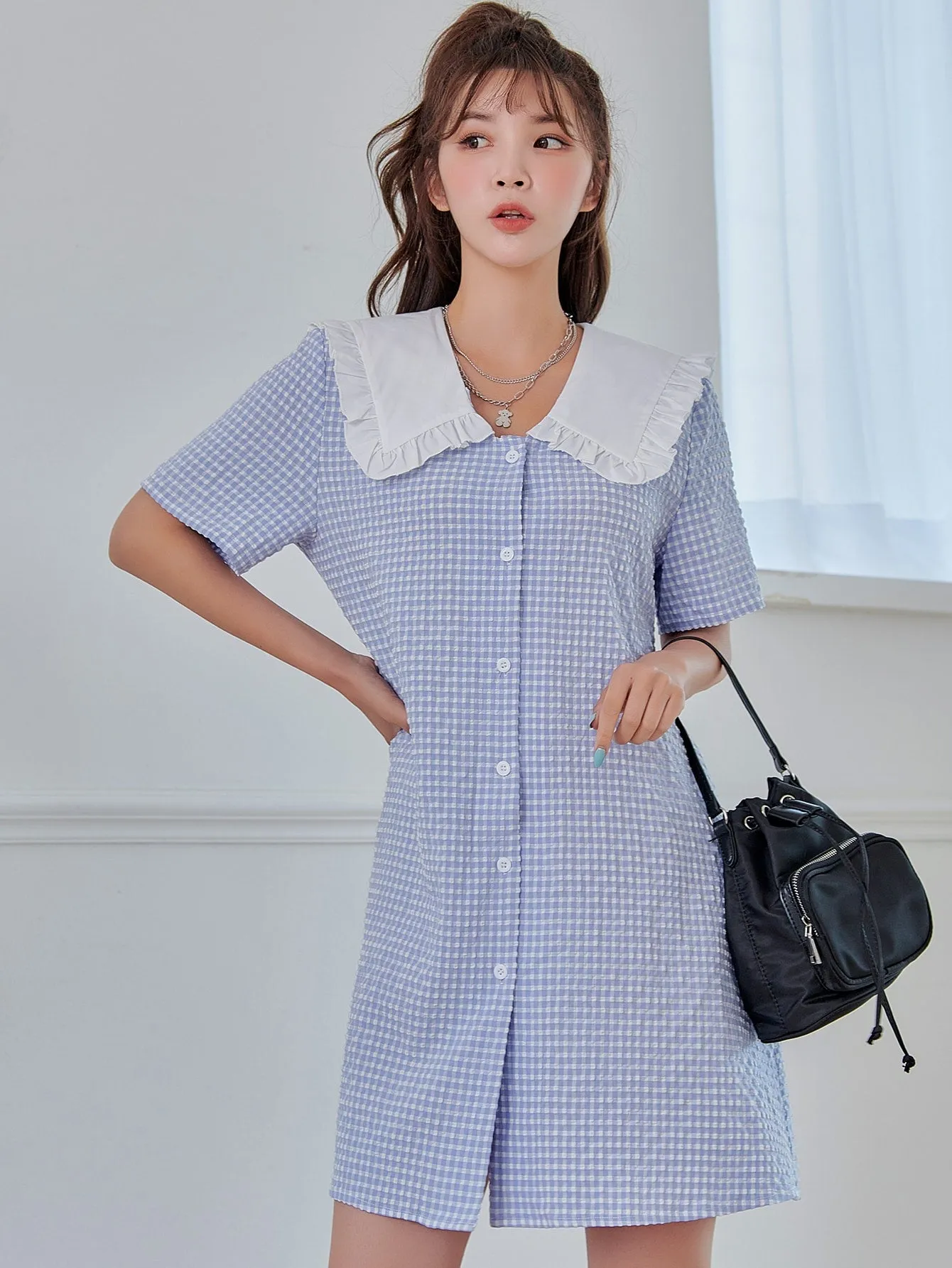 Gingham Button Front Short Sleeve Peter Pan Collar Straight Natural Short Dress