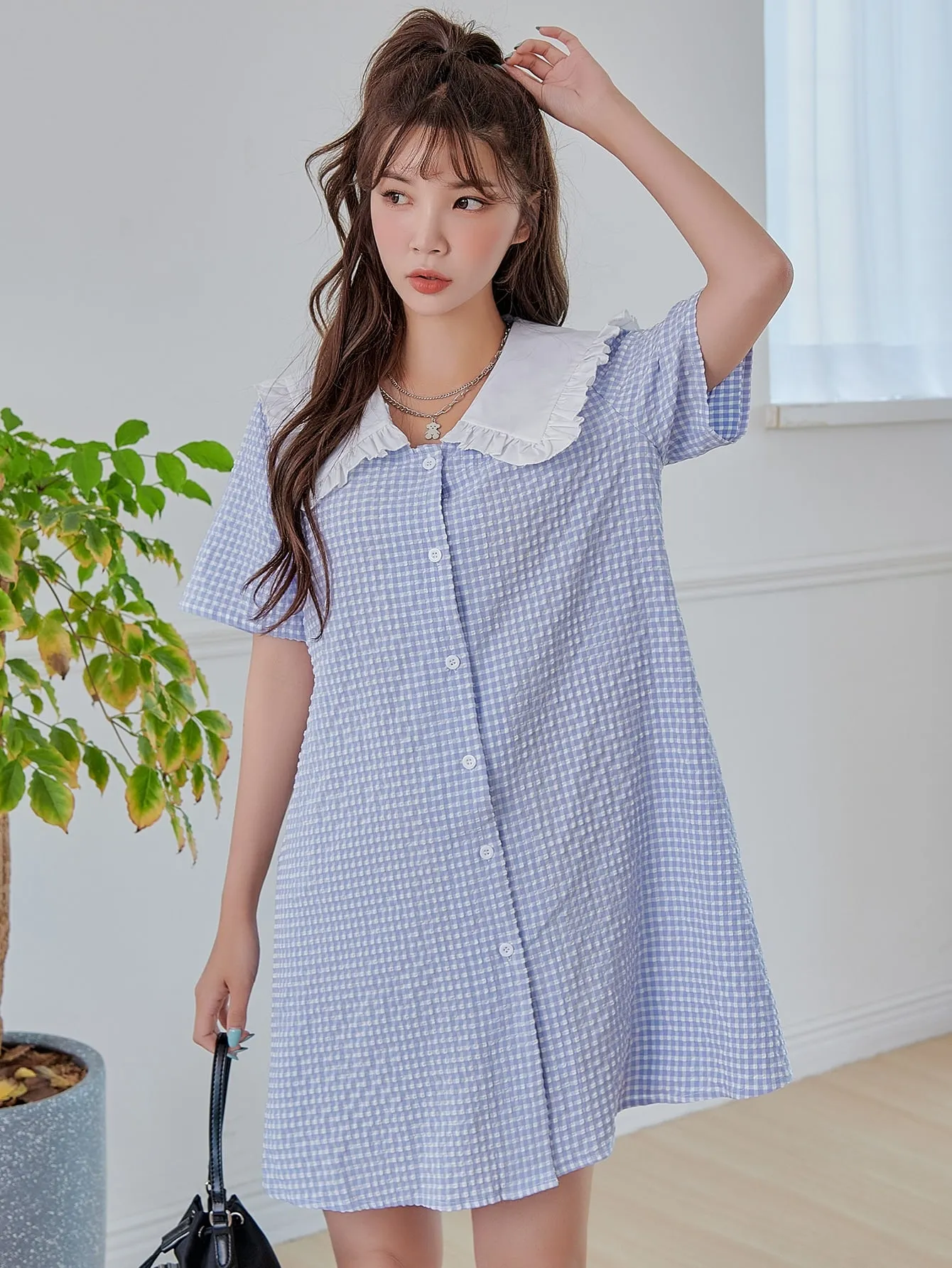 Gingham Button Front Short Sleeve Peter Pan Collar Straight Natural Short Dress