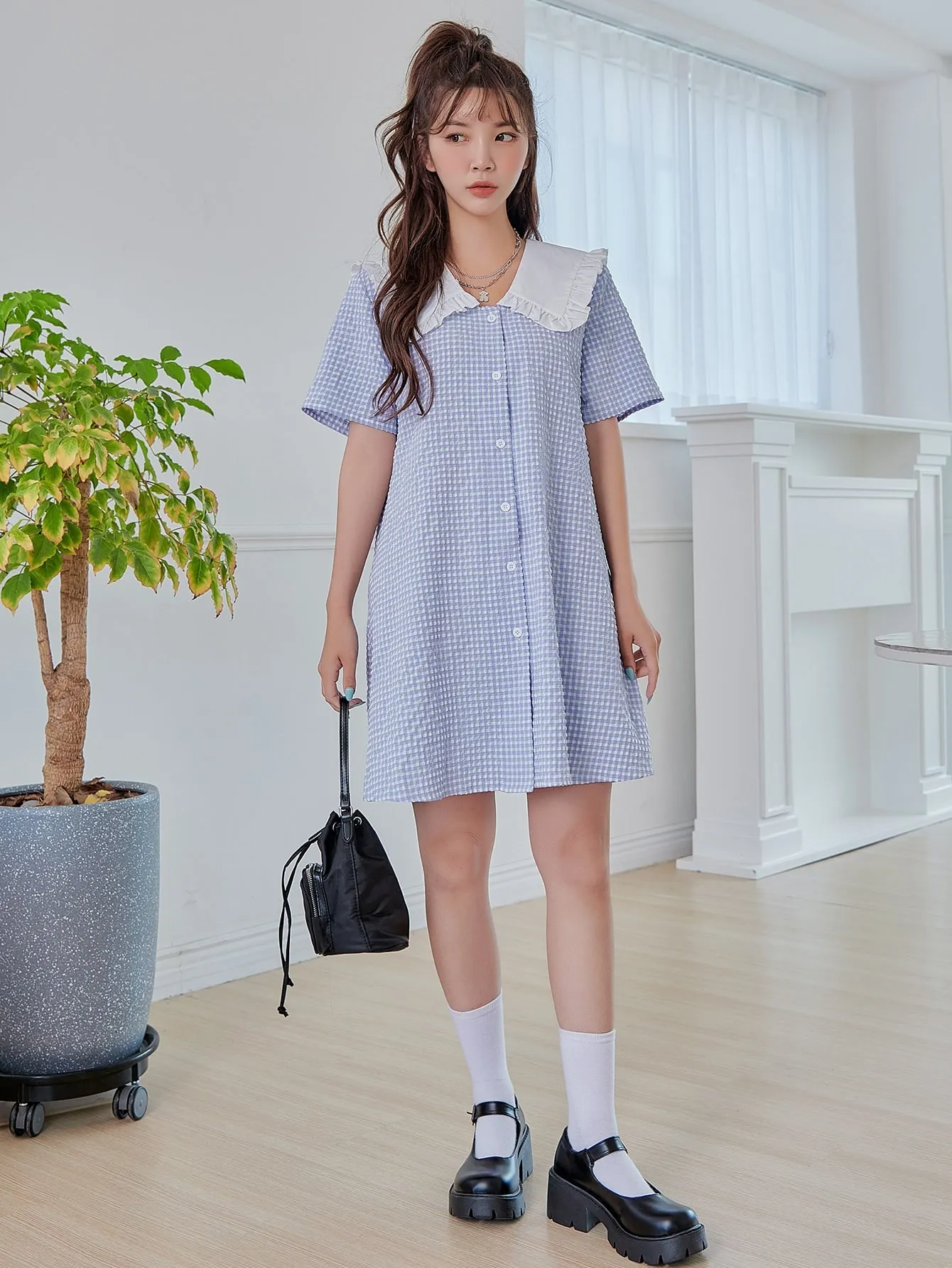 Gingham Button Front Short Sleeve Peter Pan Collar Straight Natural Short Dress