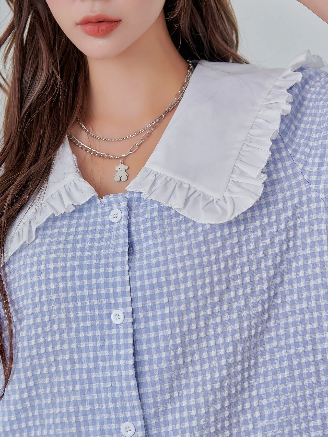 Gingham Button Front Short Sleeve Peter Pan Collar Straight Natural Short Dress