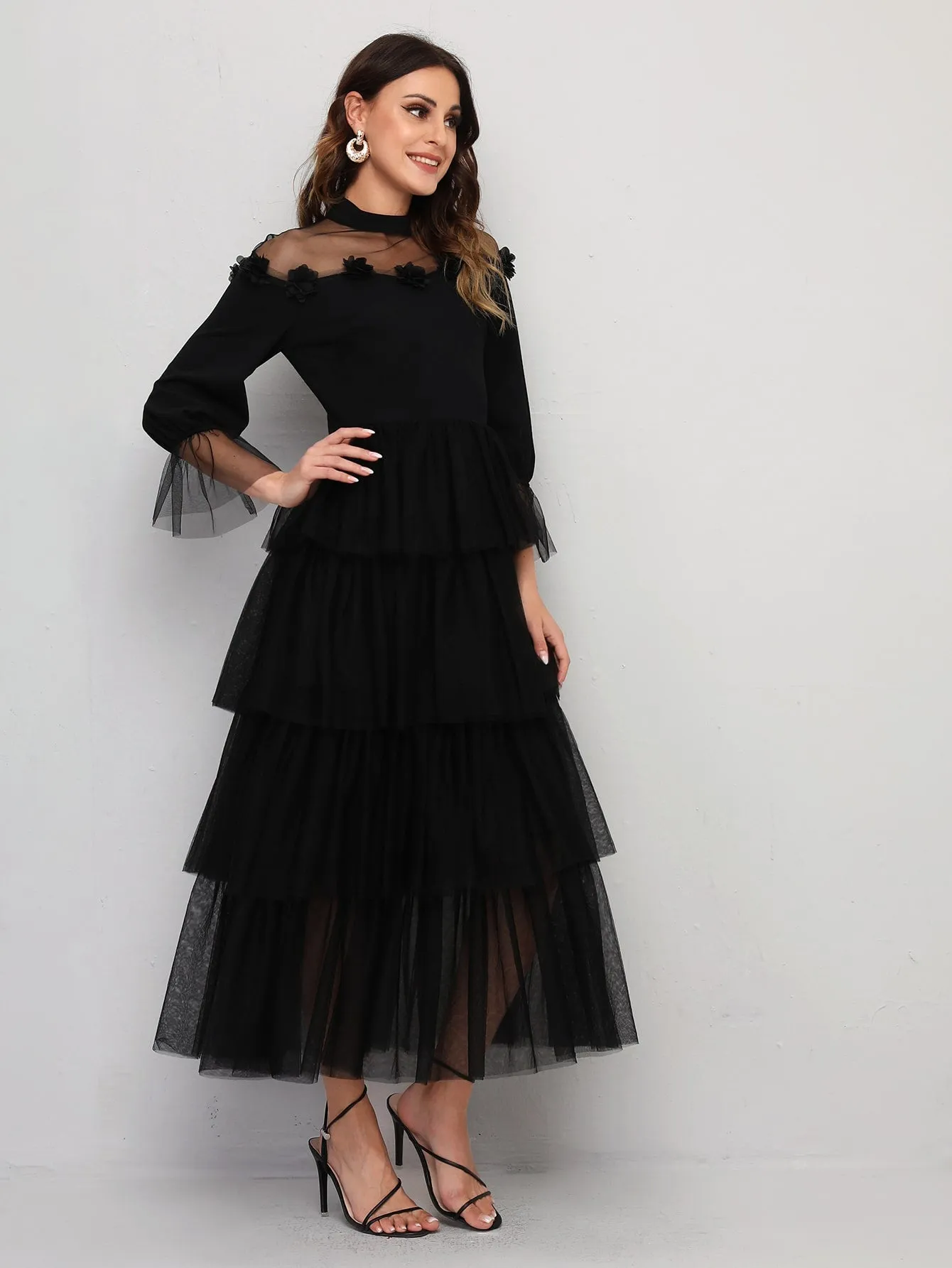 Glamorous Plain Zipper Three Quarter Length Sleeve Stand Collar Layered/Tiered High Waist Long Dress