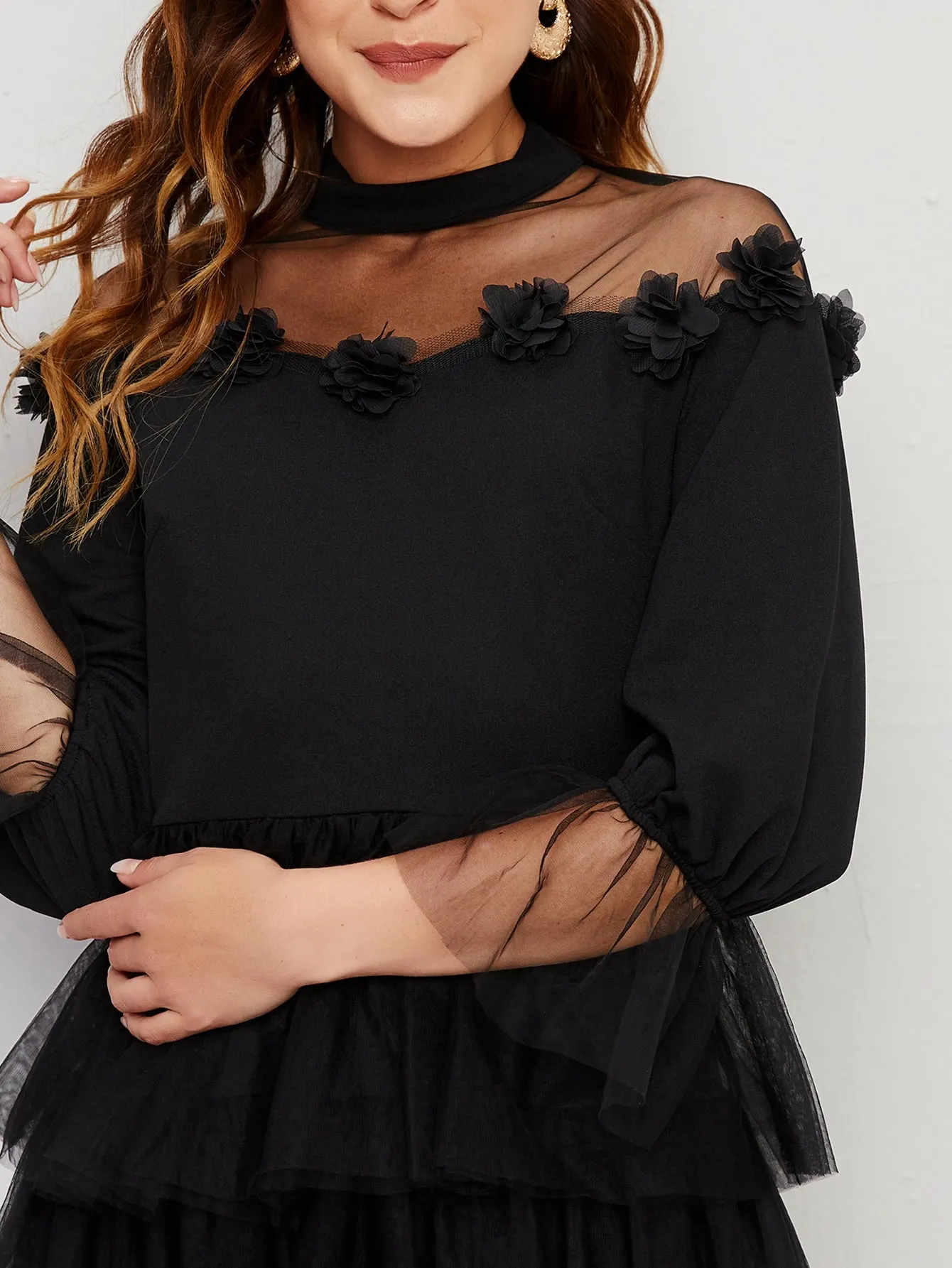 Glamorous Plain Zipper Three Quarter Length Sleeve Stand Collar Layered/Tiered High Waist Long Dress
