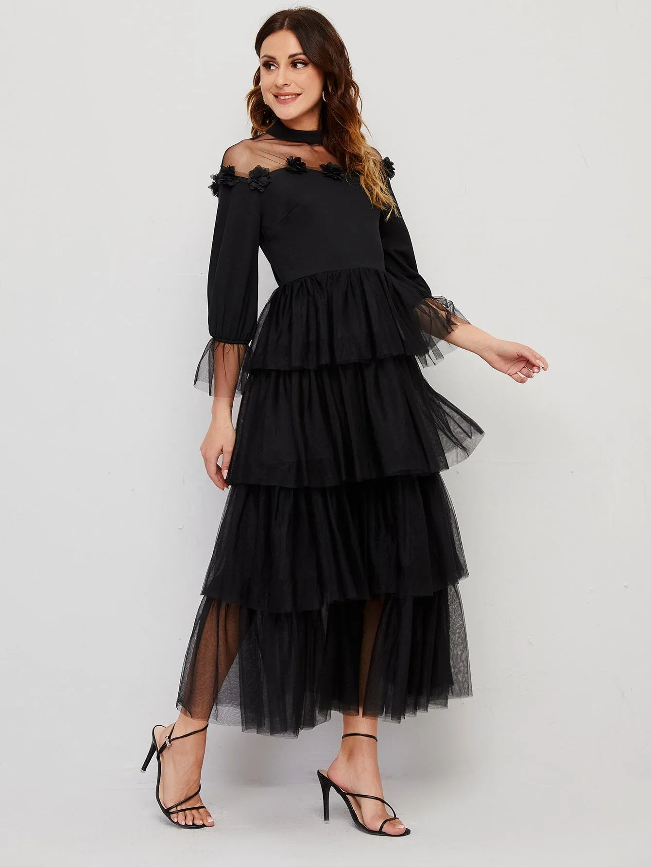 Glamorous Plain Zipper Three Quarter Length Sleeve Stand Collar Layered/Tiered High Waist Long Dress