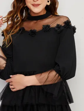 Glamorous Plain Zipper Three Quarter Length Sleeve Stand Collar Layered/Tiered High Waist Long Dress