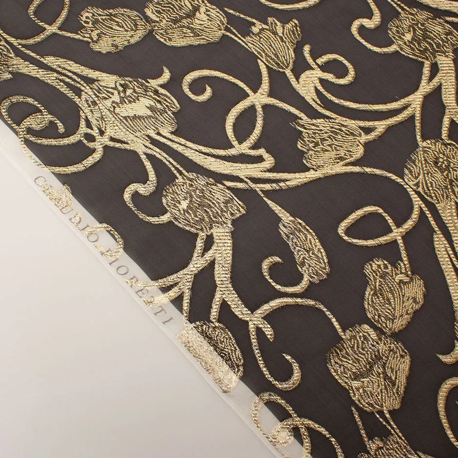 Gold Metallic Black Silk Chiffon Jacquard