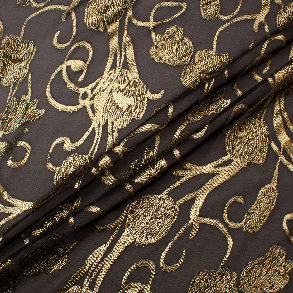 Gold Metallic Black Silk Chiffon Jacquard