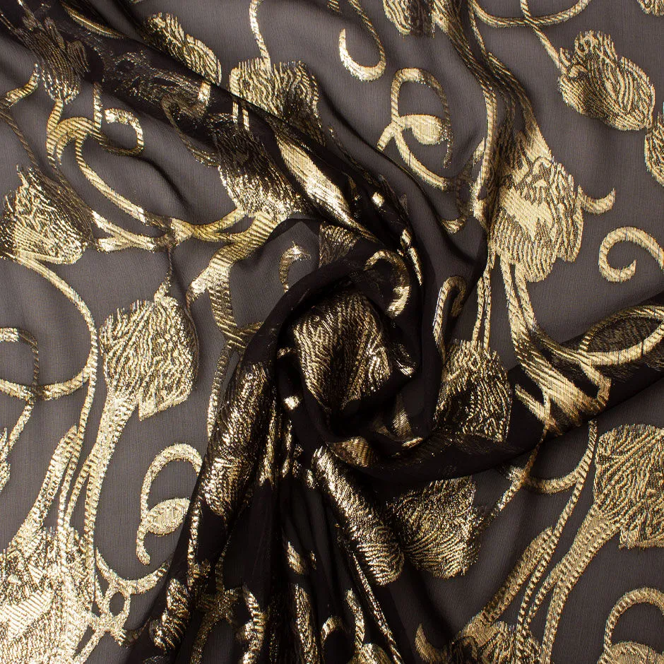 Gold Metallic Black Silk Chiffon Jacquard
