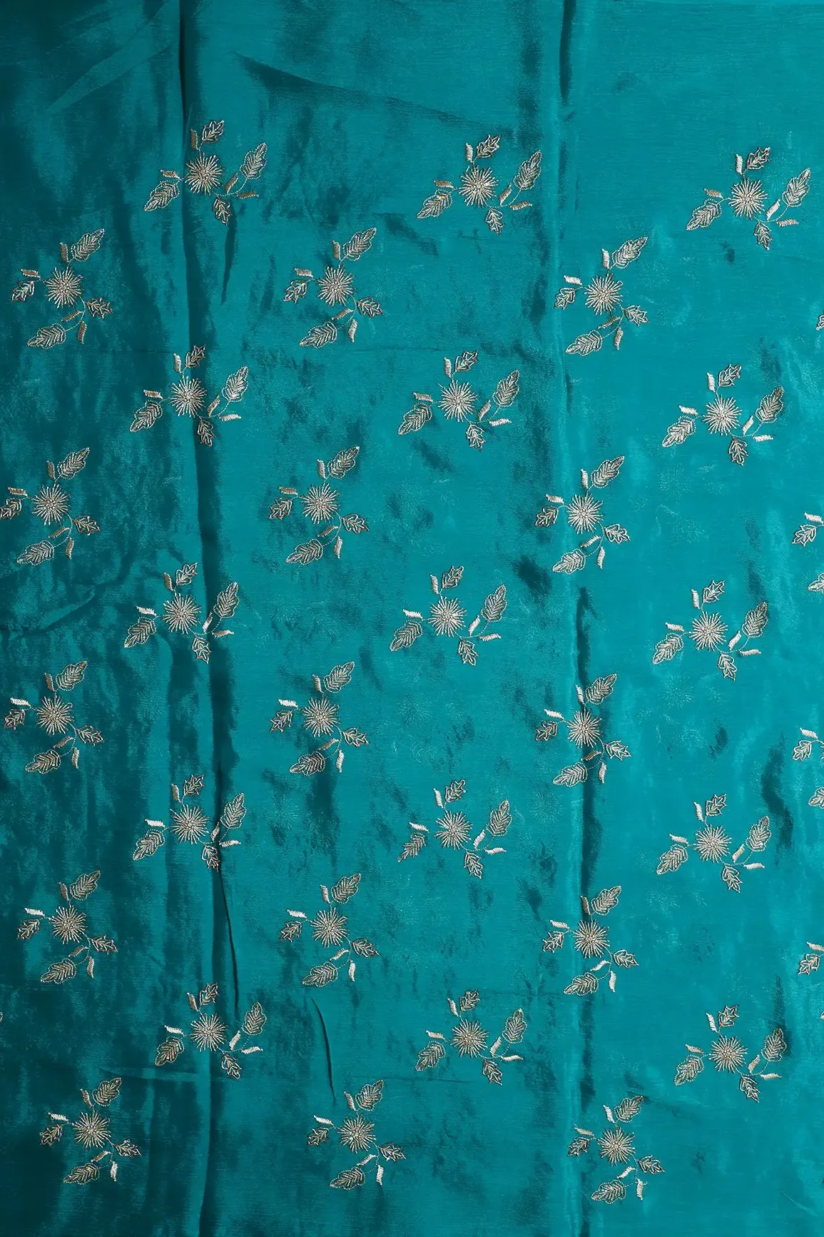 Gold Sequins With Beads And Gold Zari Floral Butta Embroidery On Rama Chinnon Chiffon Fabric