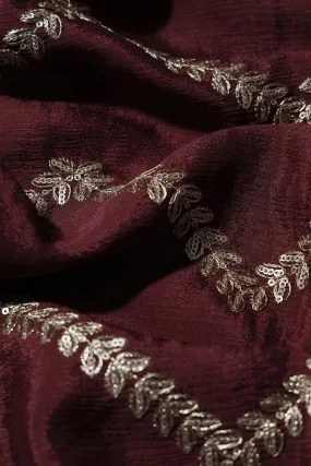 Gold Zari With Gold Sequins Chevron Embroidery Work On Maroon Chinnon Chiffon Fabric