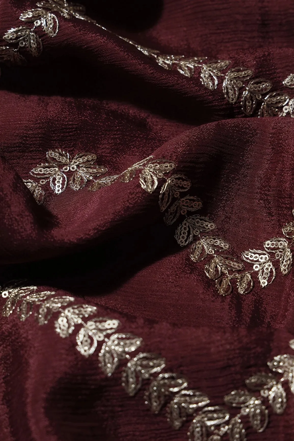 Gold Zari With Gold Sequins Chevron Embroidery Work On Maroon Chinnon Chiffon Fabric