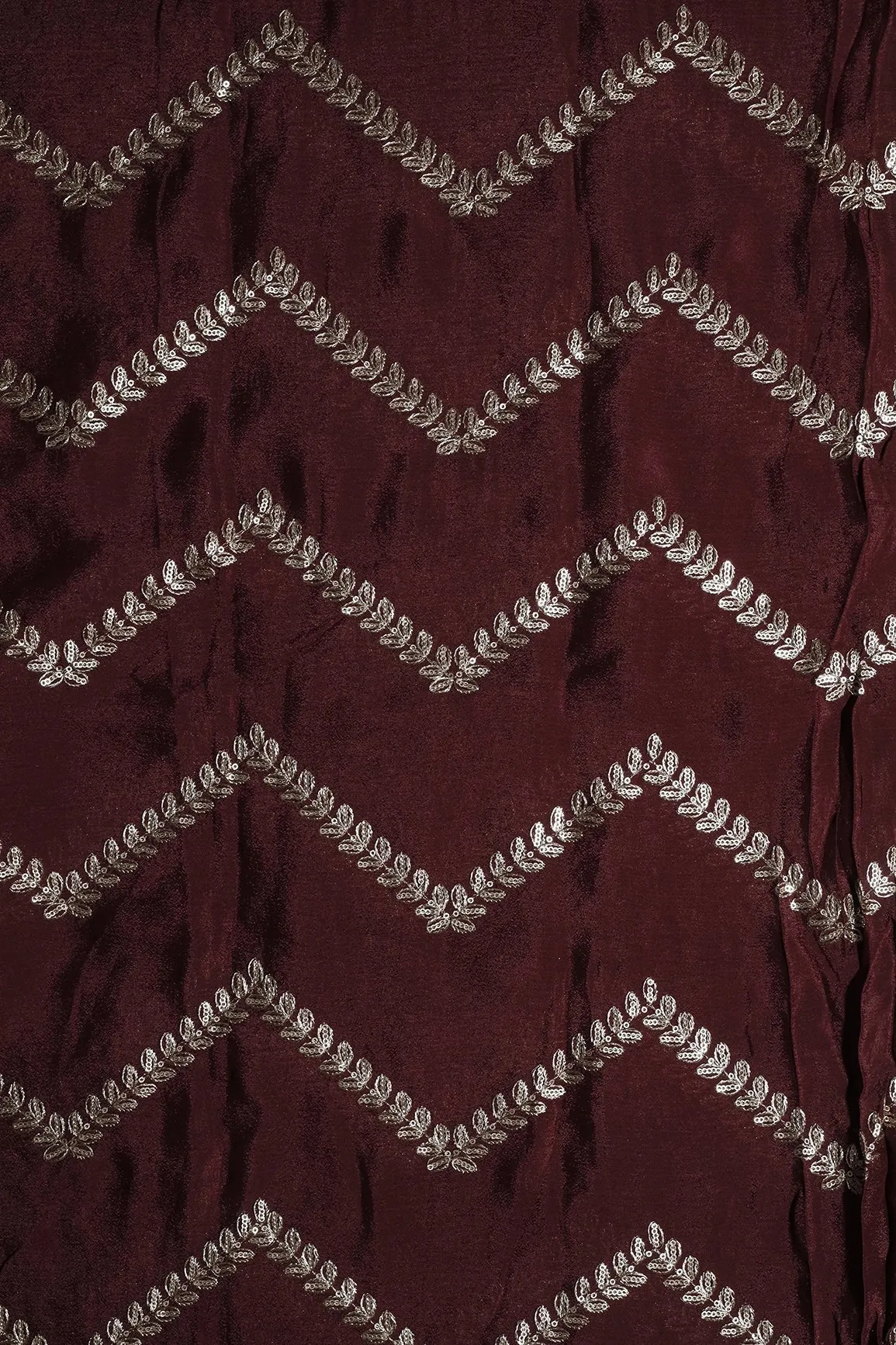 Gold Zari With Gold Sequins Chevron Embroidery Work On Maroon Chinnon Chiffon Fabric