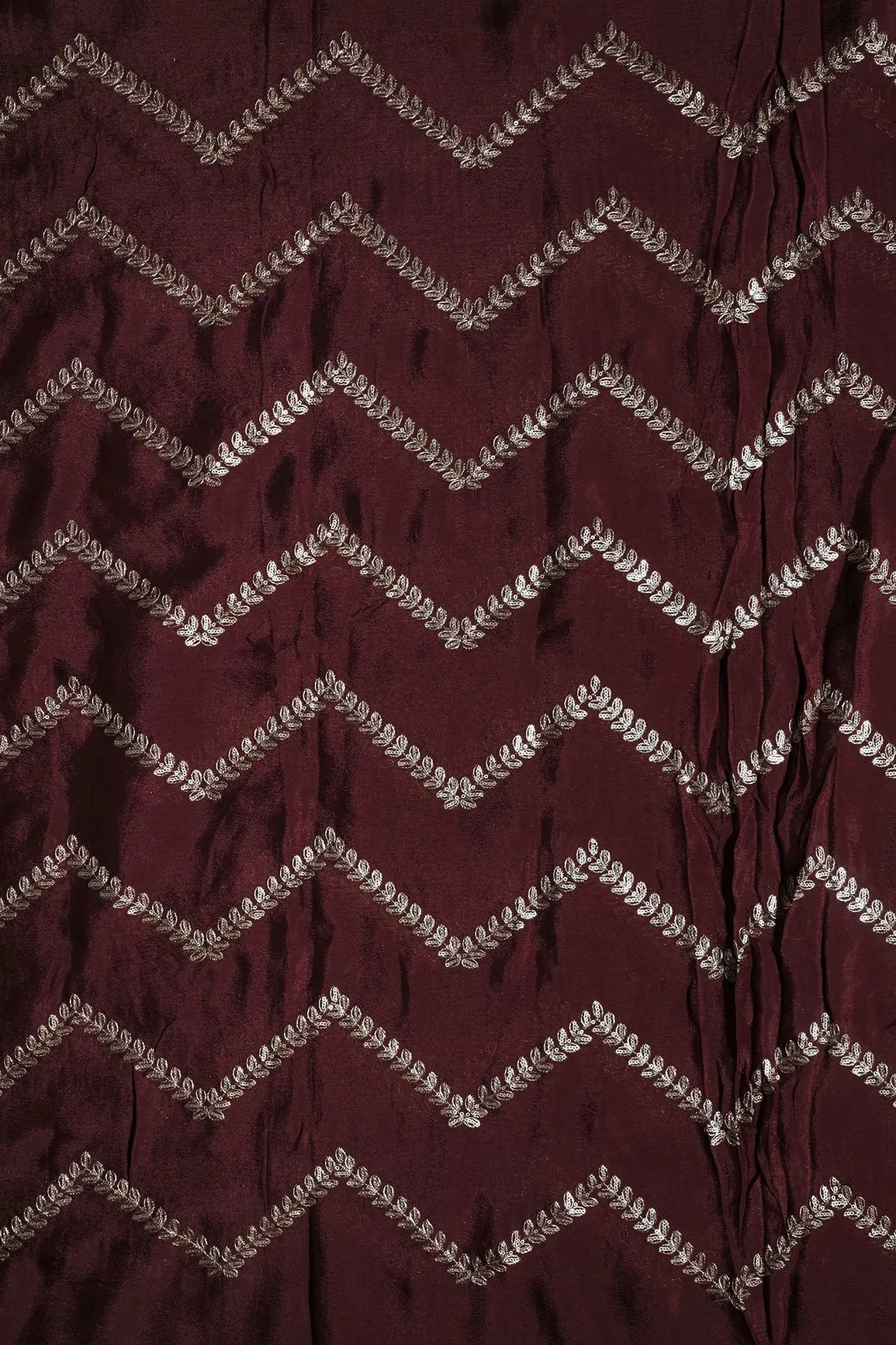 Gold Zari With Gold Sequins Chevron Embroidery Work On Maroon Chinnon Chiffon Fabric