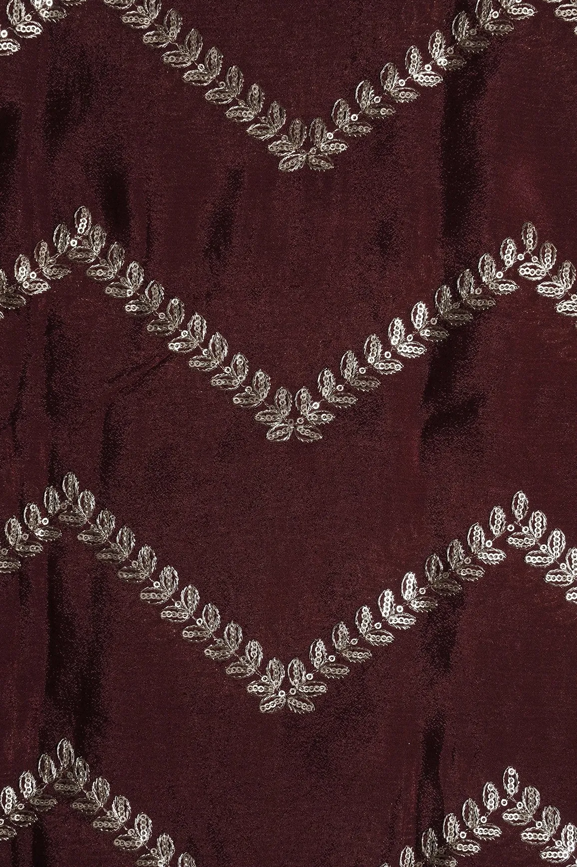 Gold Zari With Gold Sequins Chevron Embroidery Work On Maroon Chinnon Chiffon Fabric