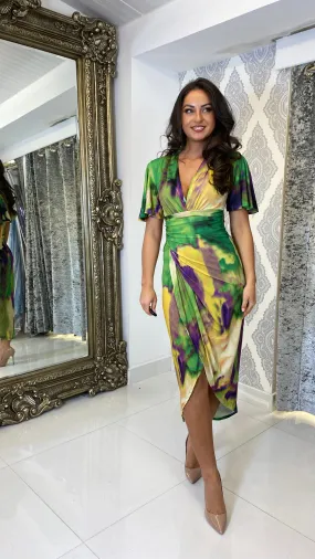 Green Marble Print Frill Sleeve Midi Dress