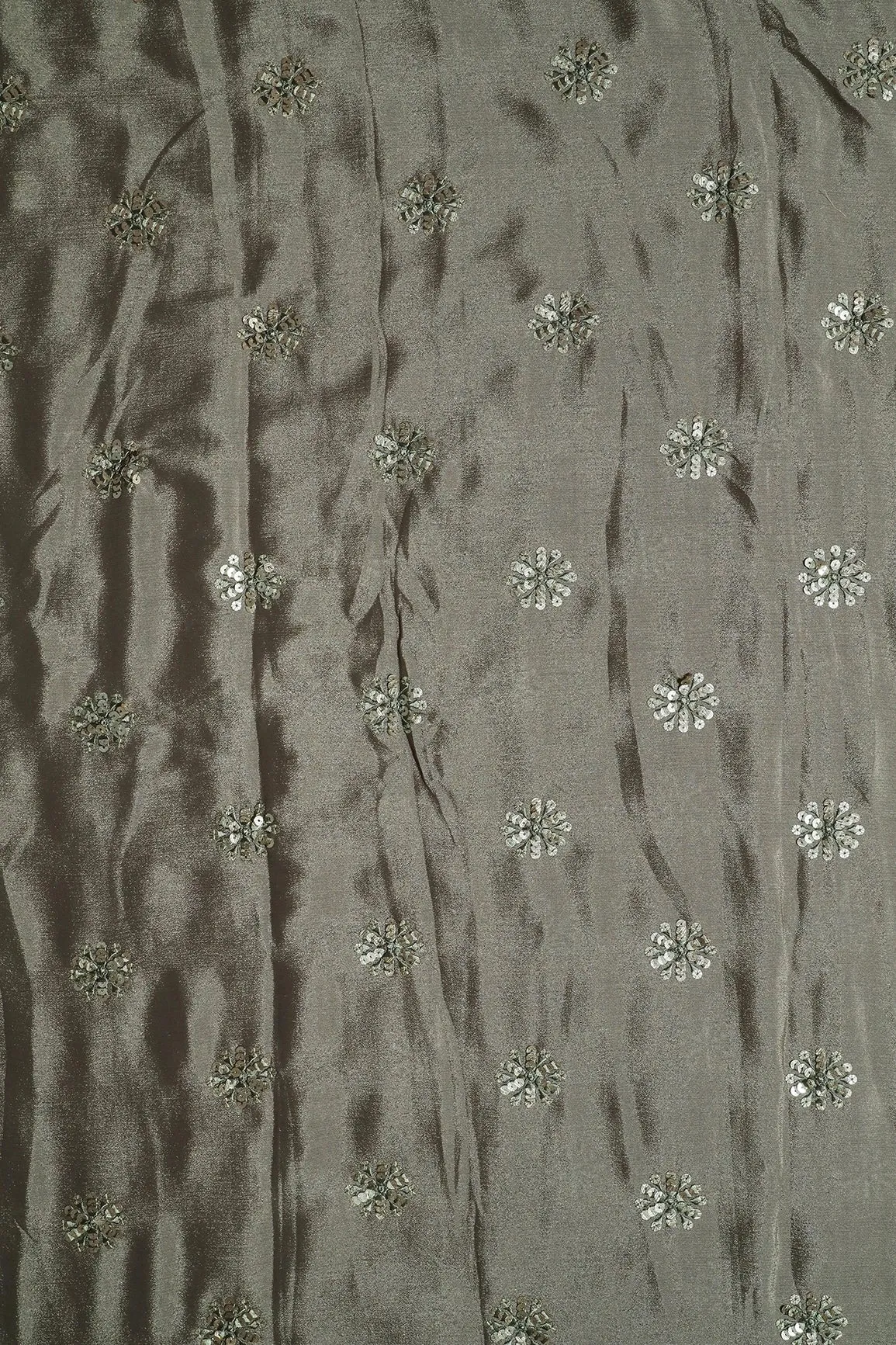 Grey Thread With Gold Sequins Floral Butta Embroidery Work On Stone Grey Chinnon Chiffon Fabric