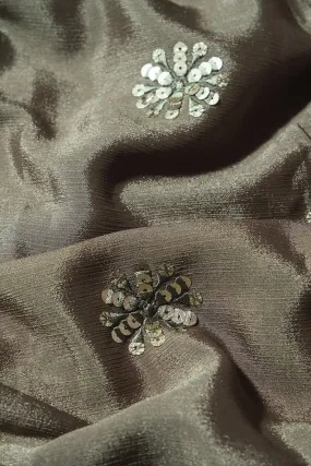 Grey Thread With Gold Sequins Floral Butta Embroidery Work On Stone Grey Chinnon Chiffon Fabric