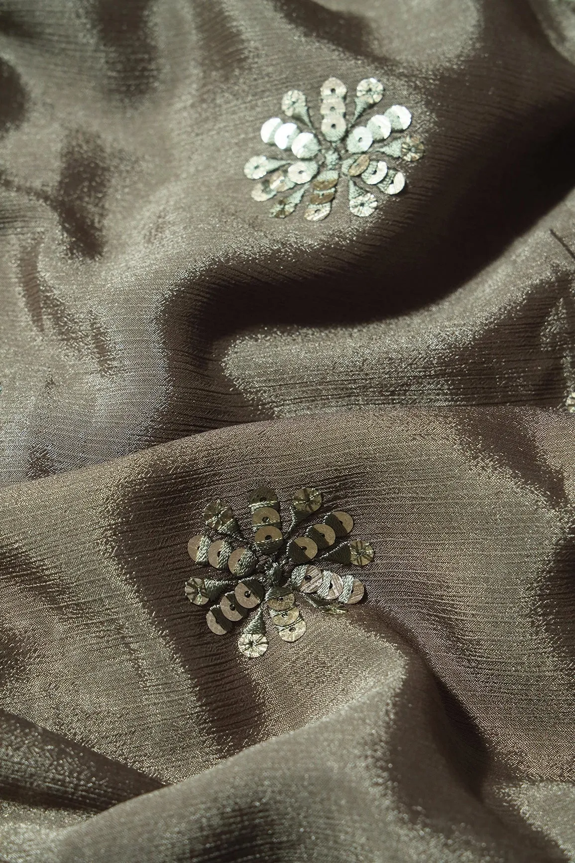 Grey Thread With Gold Sequins Floral Butta Embroidery Work On Stone Grey Chinnon Chiffon Fabric