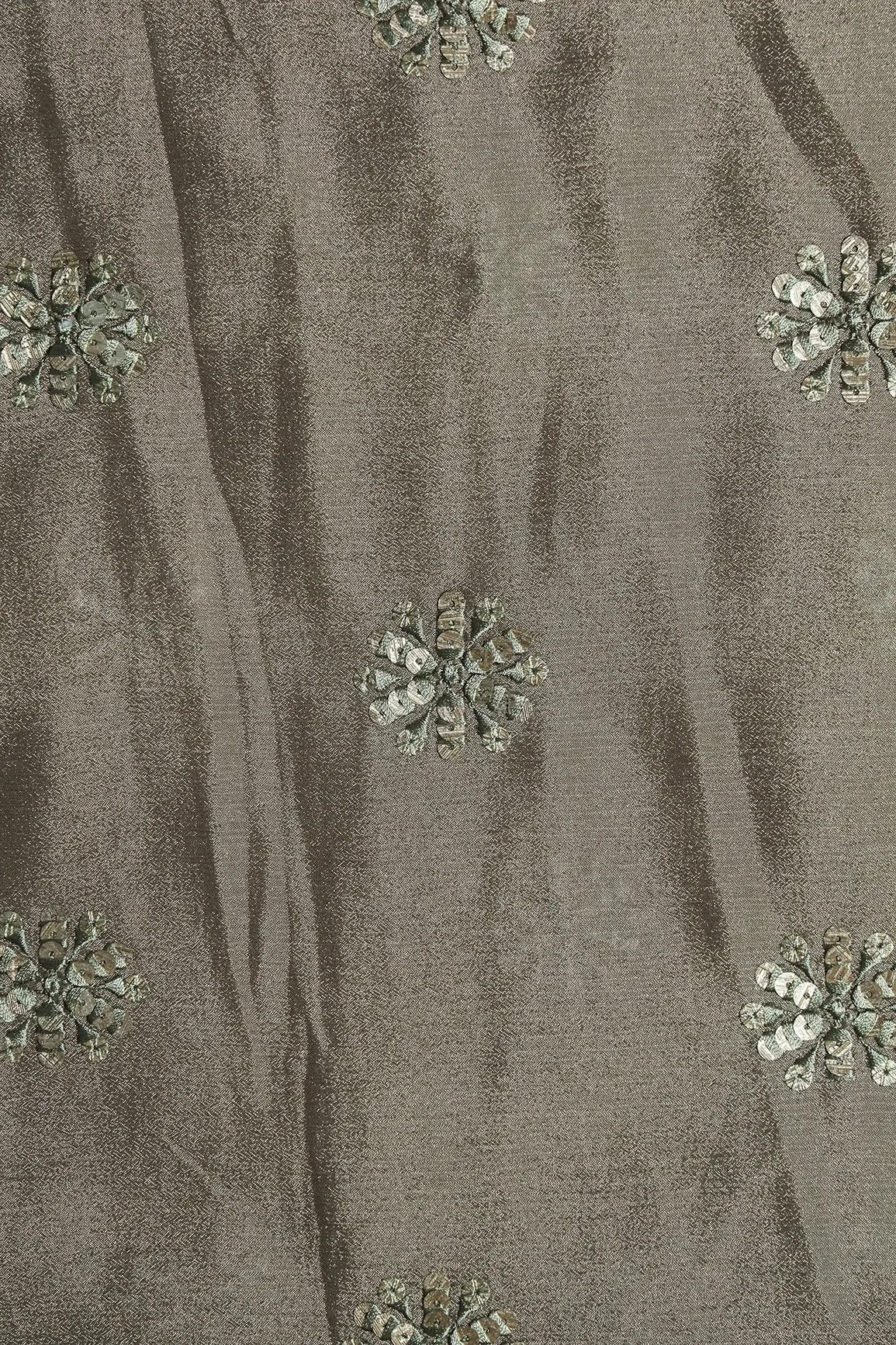 Grey Thread With Gold Sequins Floral Butta Embroidery Work On Stone Grey Chinnon Chiffon Fabric