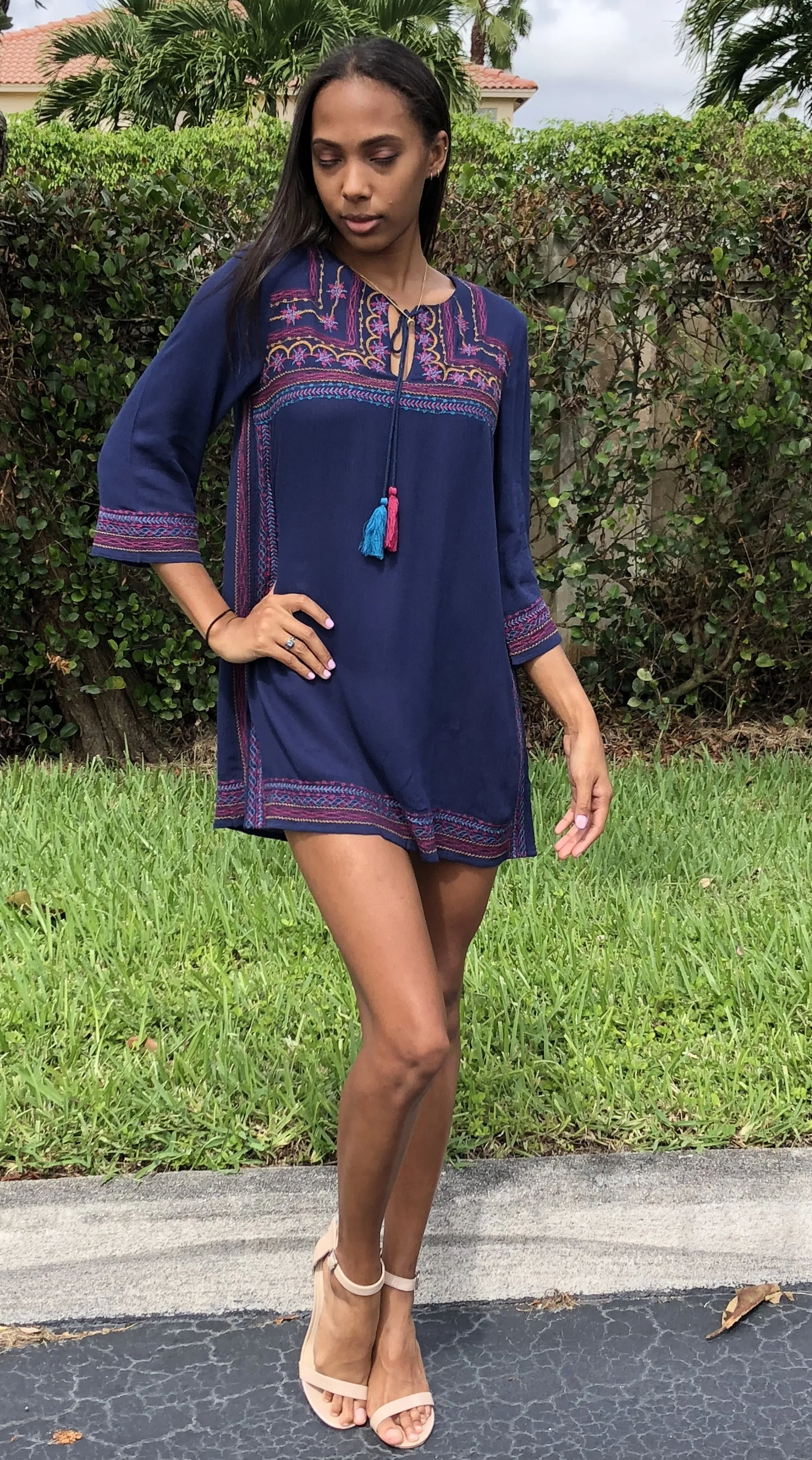 Gypsy Love Embroidered Shift Dress, Navy