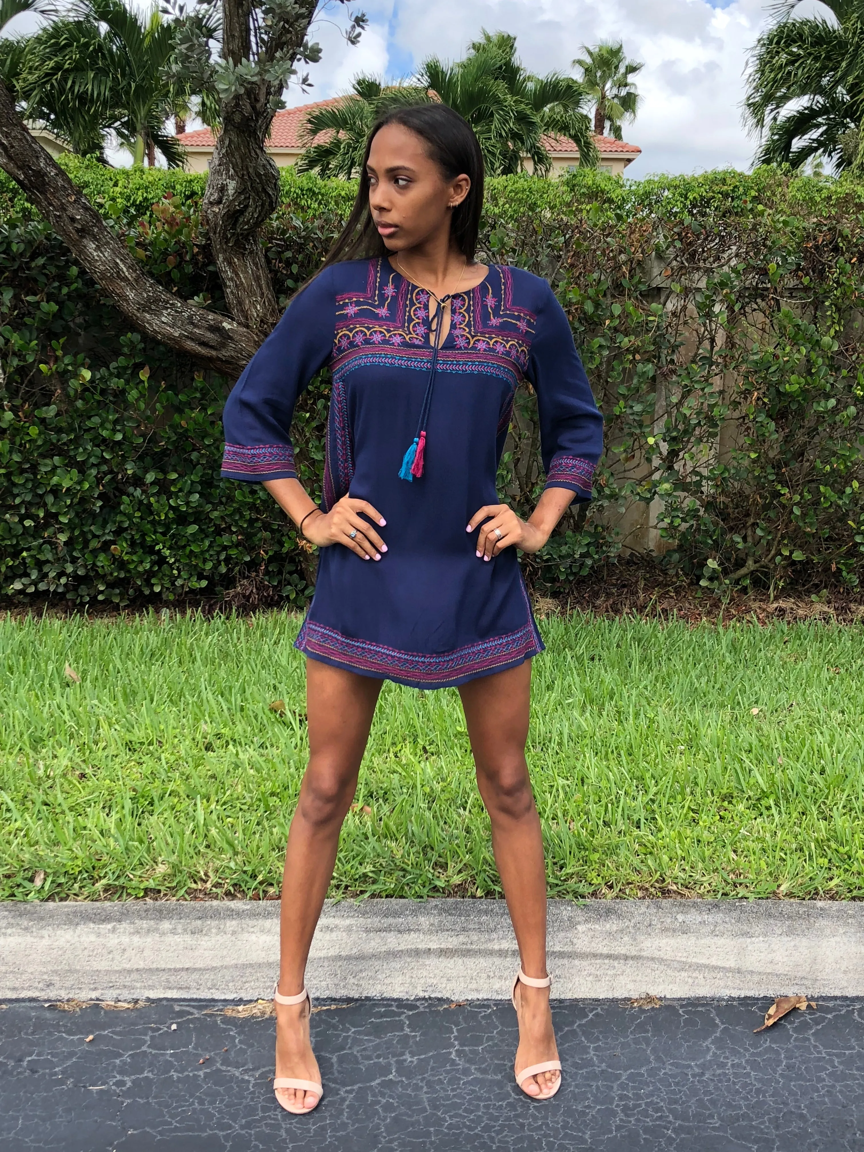 Gypsy Love Embroidered Shift Dress, Navy