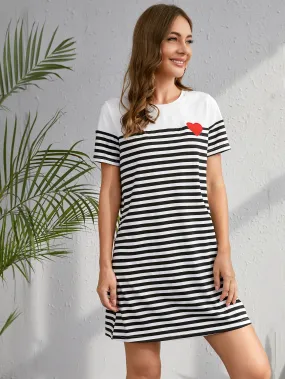 Heart Embroidery Short Sleeve Round Neck Straight Natural Short Dress