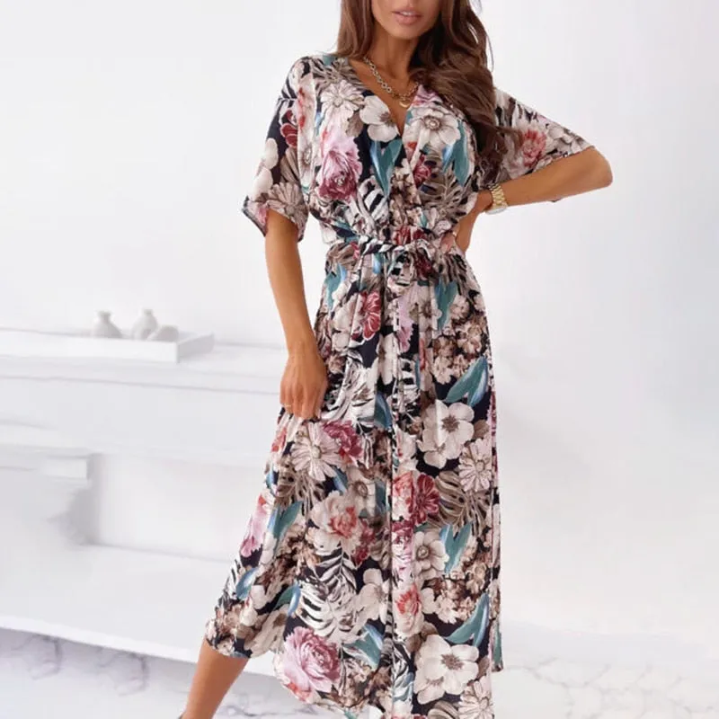 Joskaa Christmas Gift Fashion V Nekc Short Sleeve Flowers Print Long Dress Woman 2024 Summer Beach Boho Casual Midi Dresses For Women Robe Femme