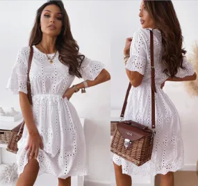 Joskaa hoco dresses Christmas Gift Fashion O-neck Short Sleeve Cotton White Lace Woman Mini Dress 2024 Summer Casual Beach Hollow Out Dresses For Women Robe Femme