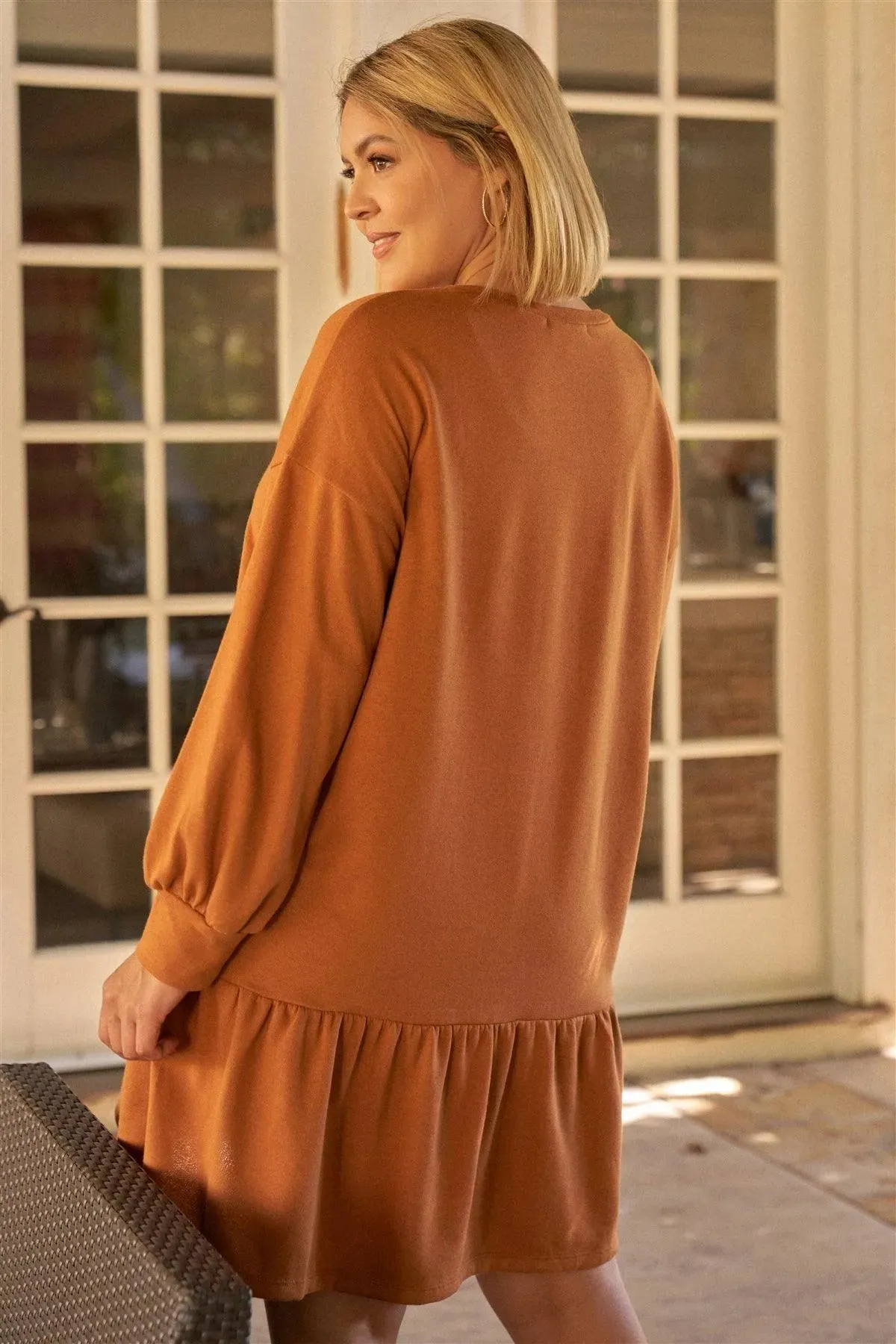 Junior Plus Camel Round Neck Long Sleeve Drop Waist Sweatshirt Mini Dress /4-1-1