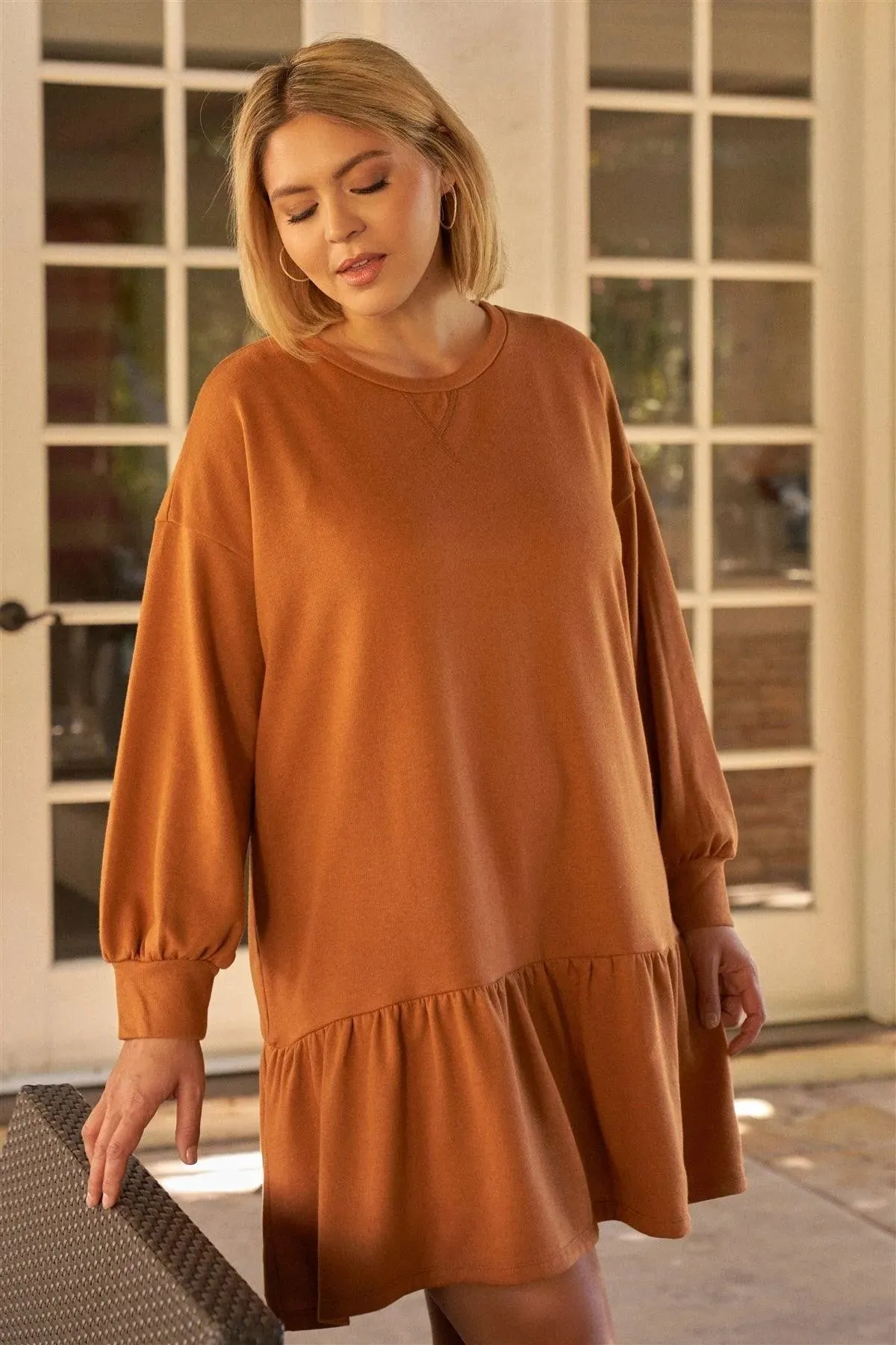 Junior Plus Camel Round Neck Long Sleeve Drop Waist Sweatshirt Mini Dress /4-1-1