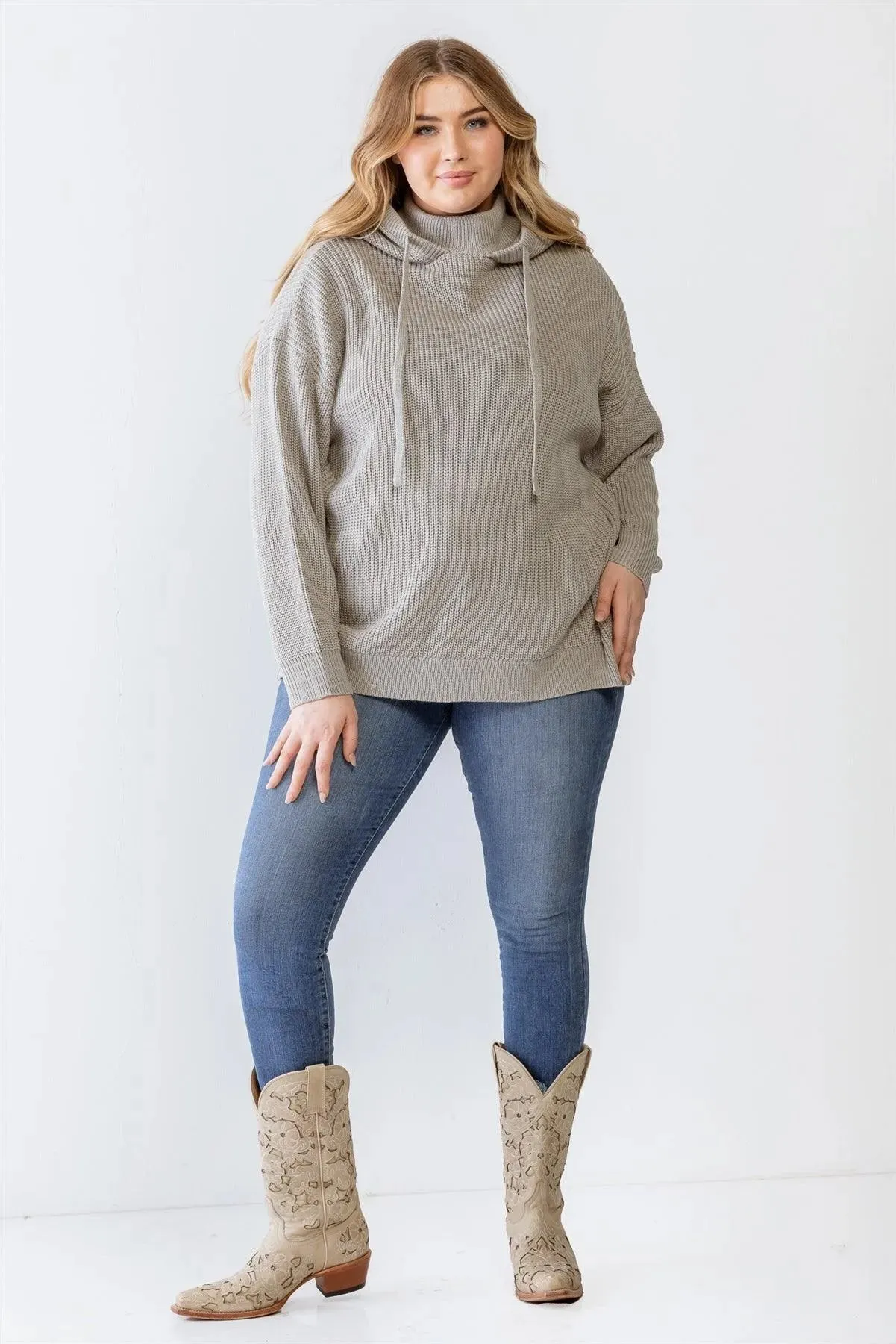 Junior Plus Heather Grey Knit Long Sleeve Hooded Sweater /3-2-1