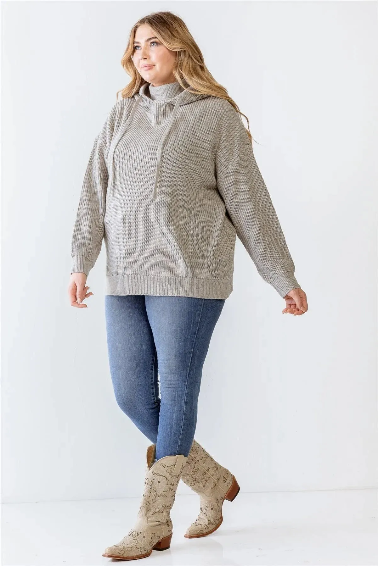 Junior Plus Heather Grey Knit Long Sleeve Hooded Sweater /3-2-1