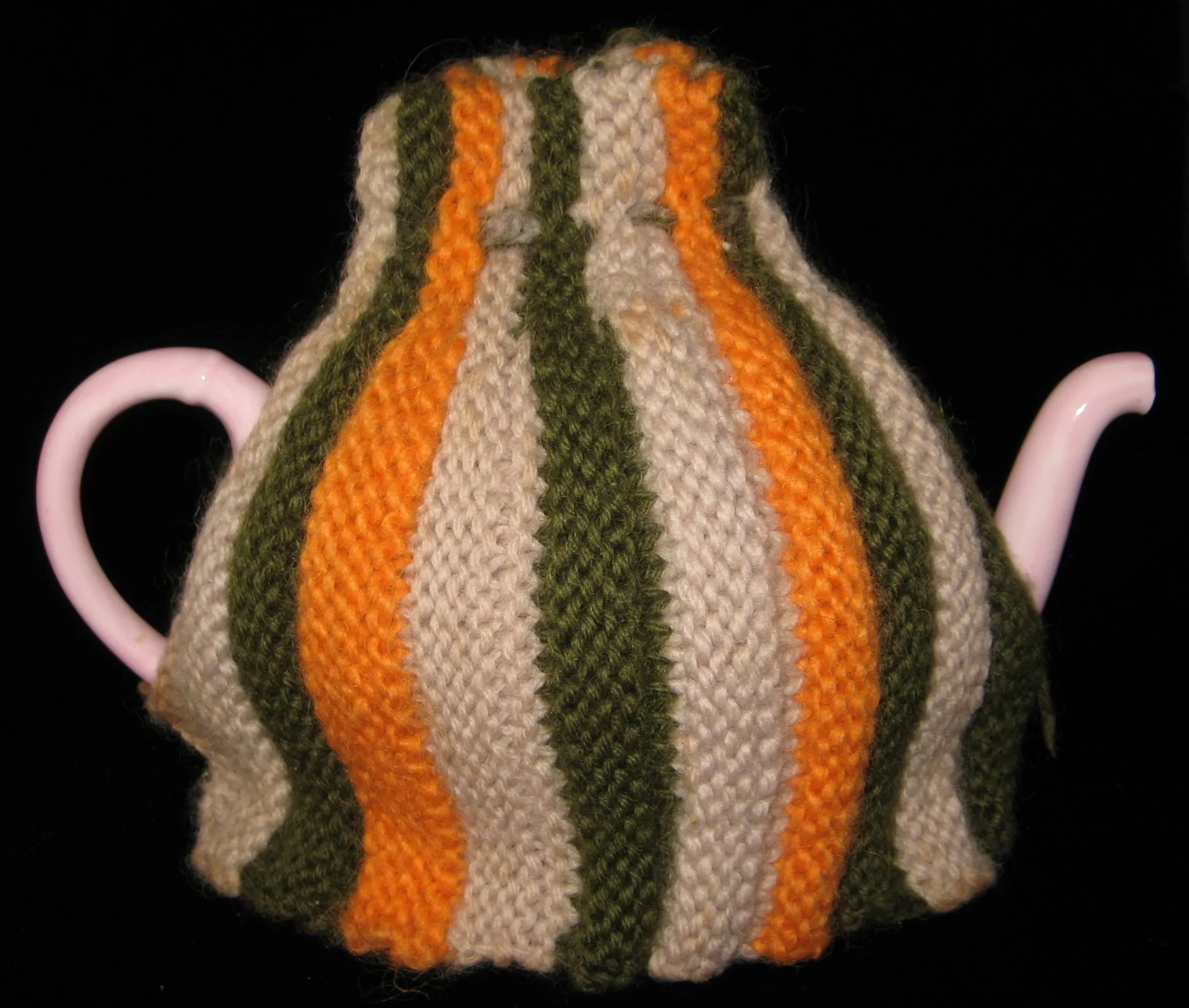 Knitted English Tea Cozy Retro Orange Olive Green Tan Cosy Stretchy 1950s Teapot Warmer