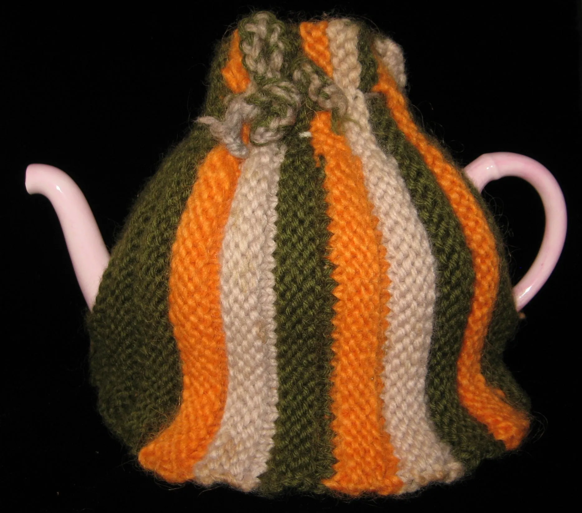 Knitted English Tea Cozy Retro Orange Olive Green Tan Cosy Stretchy 1950s Teapot Warmer