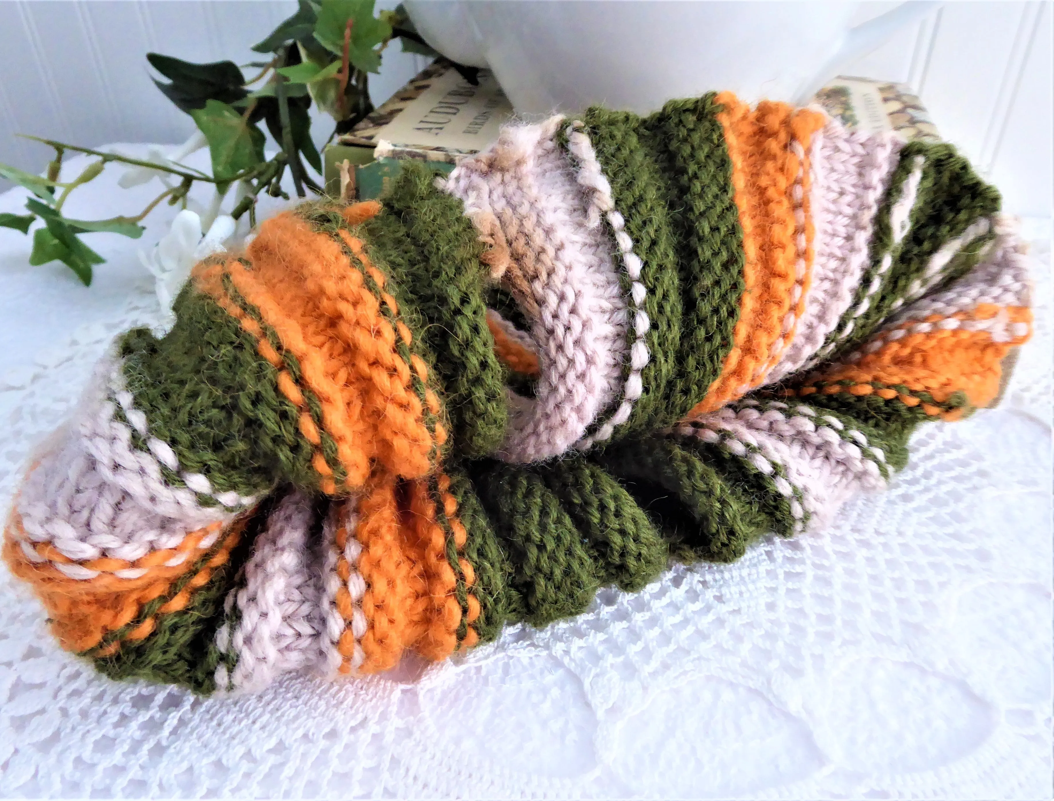 Knitted English Tea Cozy Retro Orange Olive Green Tan Cosy Stretchy 1950s Teapot Warmer