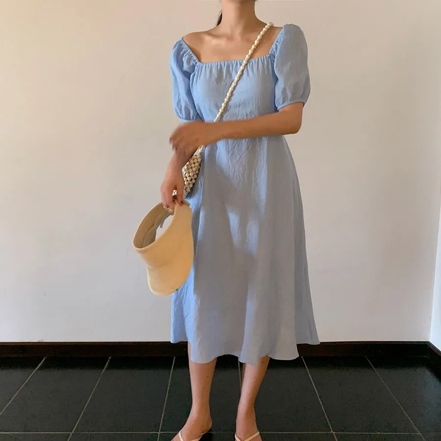 [Korean Style] Greta Square Neck Puff Sleeve Midi Dress