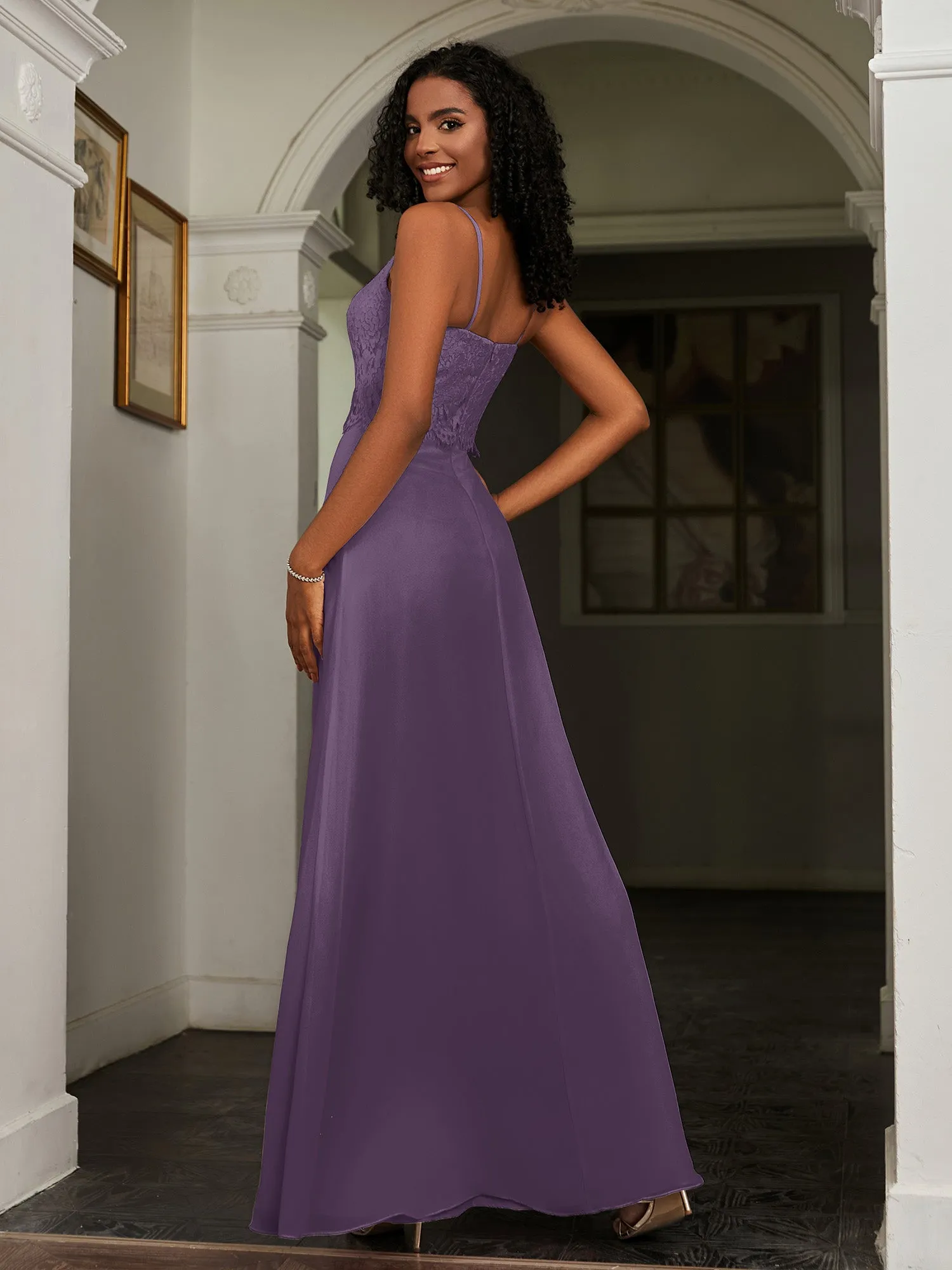 Lace Appliqued  Backless Chiffon A-Line Dress Plum Plus Size
