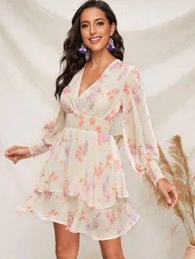 Lantern Sleeve Shirred Detail Floral Print Layered Ruffle Dress