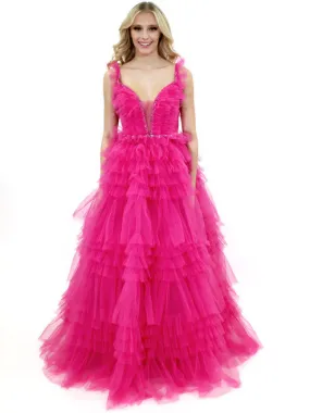 Marc Defang 8092 Long Layer Ruffle V Neck Prom Dress Pageant Ball Gown Crystal V Neck Tulle