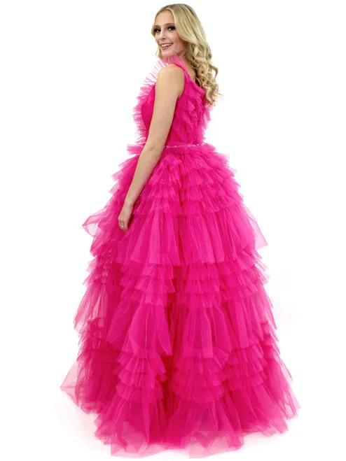 Marc Defang 8092 Long Layer Ruffle V Neck Prom Dress Pageant Ball Gown Crystal V Neck Tulle