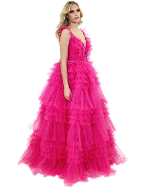 Marc Defang 8092 Long Layer Ruffle V Neck Prom Dress Pageant Ball Gown Crystal V Neck Tulle