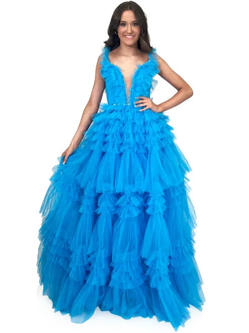 Marc Defang 8092 Long Layer Ruffle V Neck Prom Dress Pageant Ball Gown Crystal V Neck Tulle