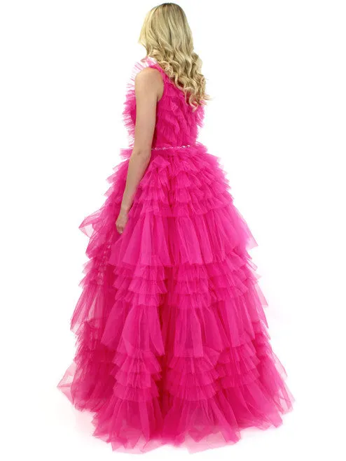 Marc Defang 8092 Long Layer Ruffle V Neck Prom Dress Pageant Ball Gown Crystal V Neck Tulle