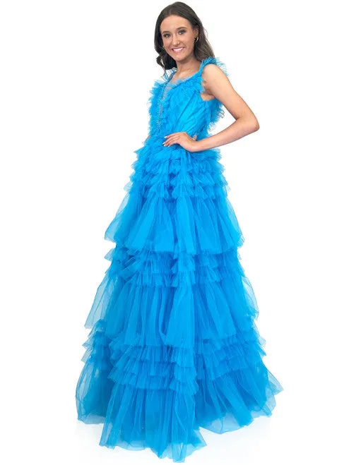 Marc Defang 8092 Long Layer Ruffle V Neck Prom Dress Pageant Ball Gown Crystal V Neck Tulle