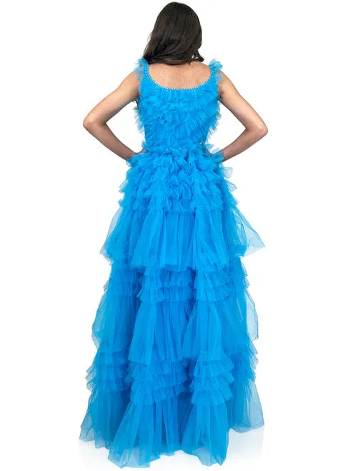 Marc Defang 8092 Long Layer Ruffle V Neck Prom Dress Pageant Ball Gown Crystal V Neck Tulle