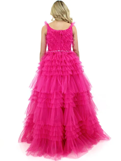 Marc Defang 8092 Long Layer Ruffle V Neck Prom Dress Pageant Ball Gown Crystal V Neck Tulle