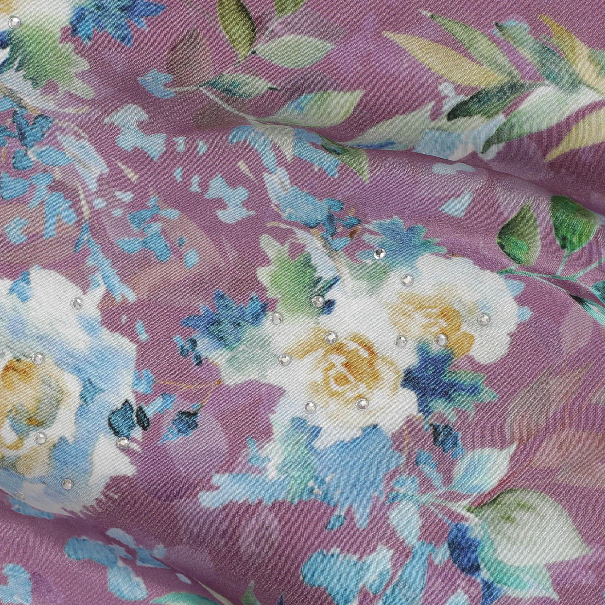 Mauve Crepe Fabric with Blue and White Floral Print, Stone Embellishments, 110 cm Width - Imported from India-D20252