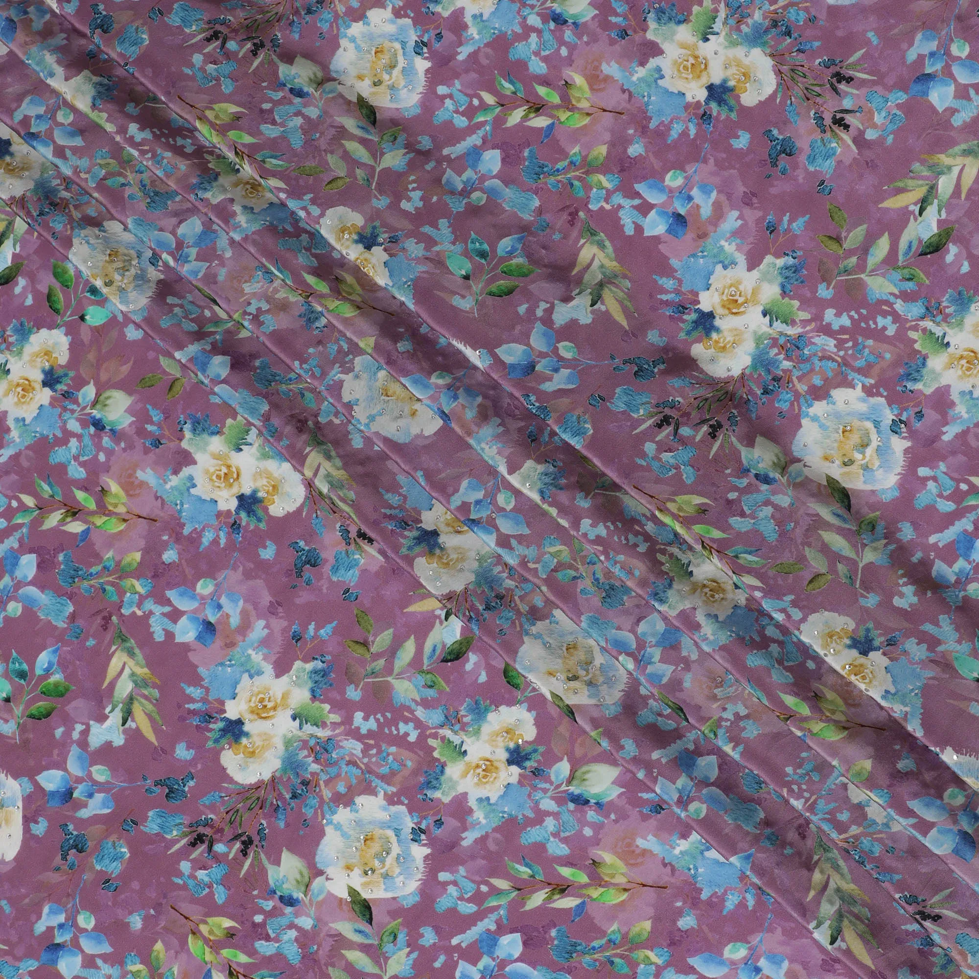 Mauve Crepe Fabric with Blue and White Floral Print, Stone Embellishments, 110 cm Width - Imported from India-D20252