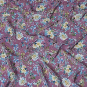 Mauve Crepe Fabric with Blue and White Floral Print, Stone Embellishments, 110 cm Width - Imported from India-D20252
