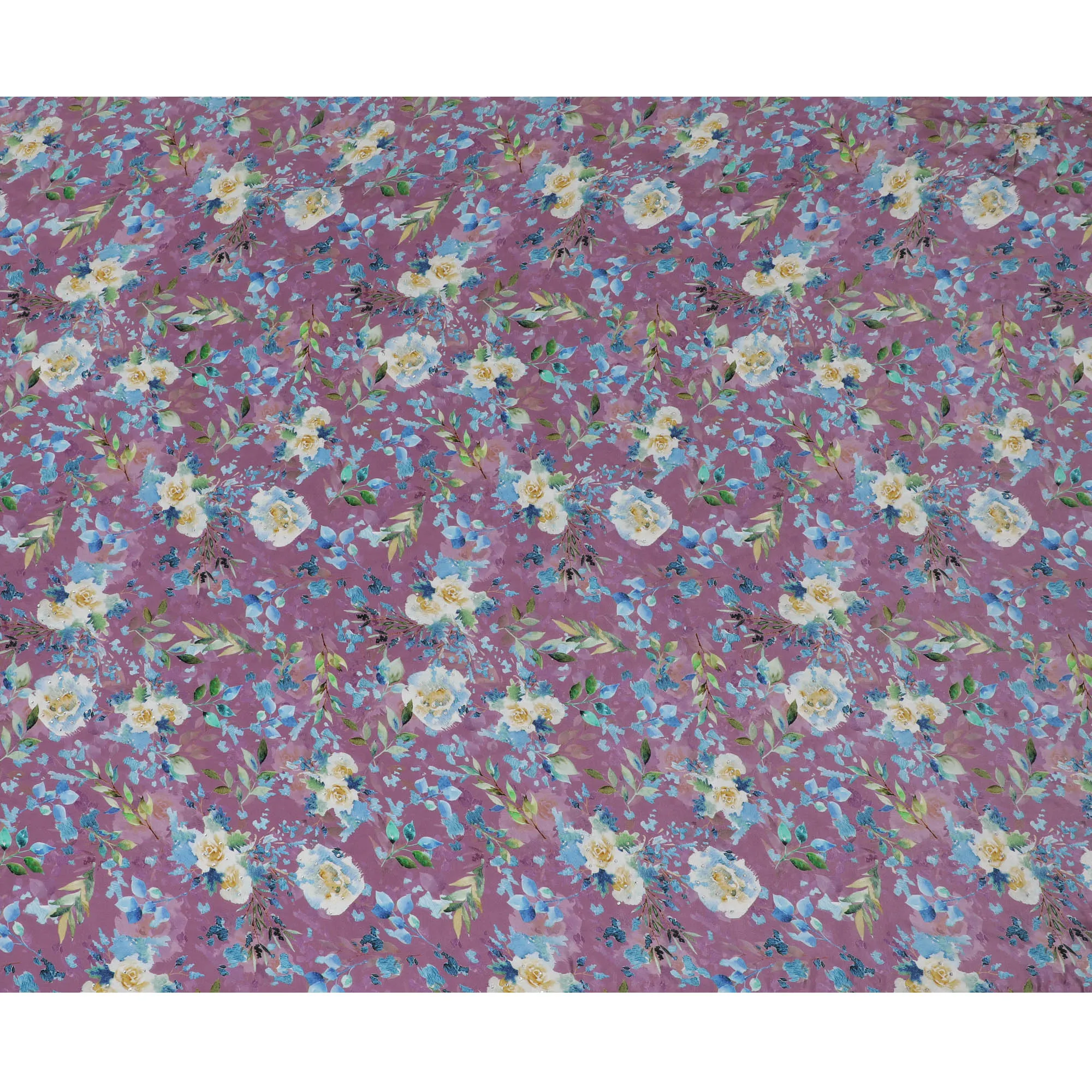 Mauve Crepe Fabric with Blue and White Floral Print, Stone Embellishments, 110 cm Width - Imported from India-D20252